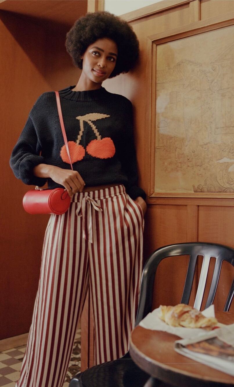 Maeve Pippa Mockneck Cherry Novelty Print Crewneck Relaxed Fit Sweater in NavyL